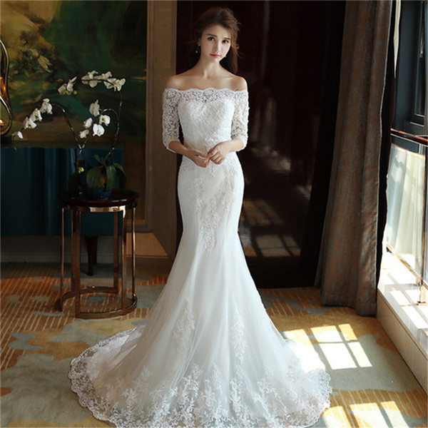 Elegant Lace Appliques Off Shoulder Wedding Dresses Half Long Sleeves Mermaid Bridal Gowns Sweep Train Lace-up Back Wedding Vestidos 