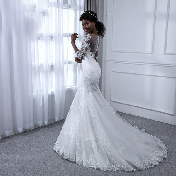 Mingli Tengda New Sexy O-Neck Mermaid Wedding Dresses Luxury Lace Beads Princess Bridal Dresses 3/4 Long Sleeve Wedding Dress