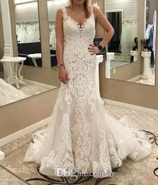 ZYLLGF Lace Mermaid Wedding Dresses Straps V Neck Applique Floor Length Sheer Back Bridal Gowns Vestido De Casamento