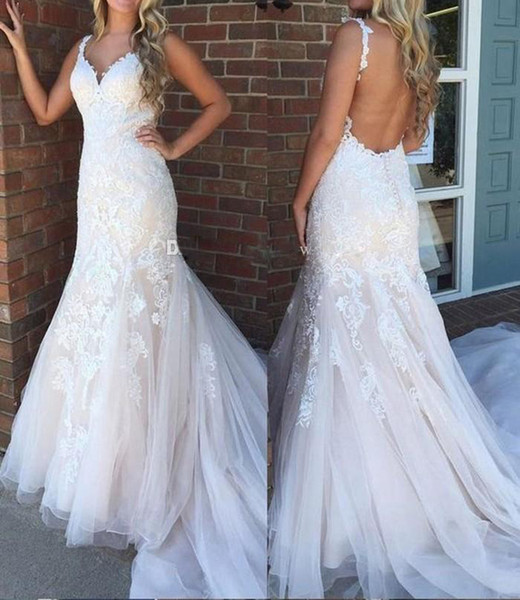 ZYLLGF Mermaid Wedding Dresses Fishtail V Neck Spaghetti Straps Lace Appliques Tulle Backless Wedding Gowns Sweep Train Bridal Dresses