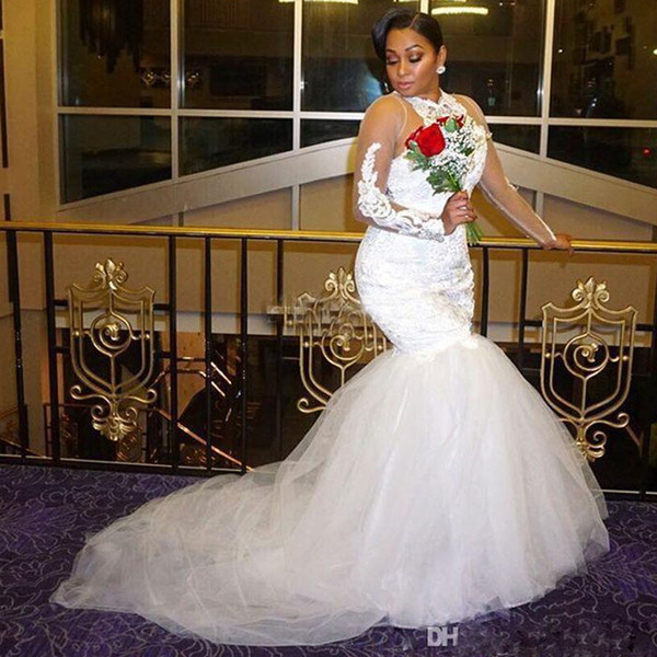 ZYLLGF African High Neck Wedding Dresses Lace Appliques Beads Sheer Long Sleeves Bridal Gowns Tulle Mermaid Plus Size Wedding Gown