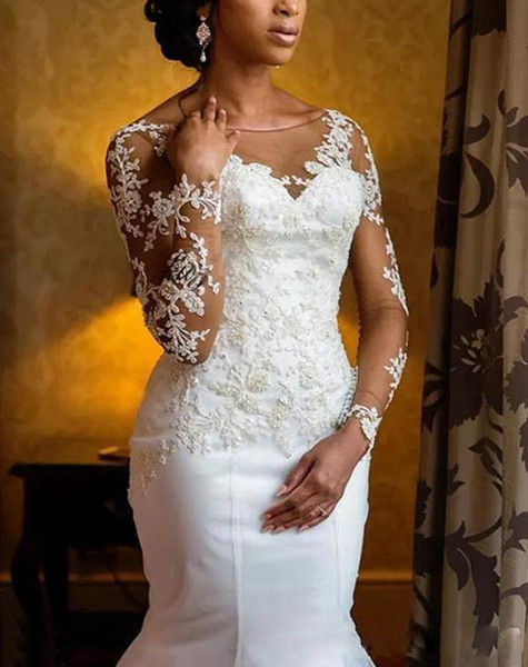 ZYLLGF African Mermaid Wedding Dresses Fishtail Bateau Neck Lace Appliques Beads Plus Size Bridal Gown With Long Sleeves