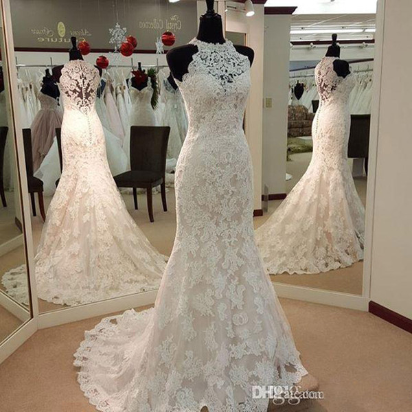 2016 Vintage Full Lace Mermaid Wedding Dresses High Neck Sweep Train Custom Made Garden Western Country Bridal Wedding Gowns Cheap Plus Size