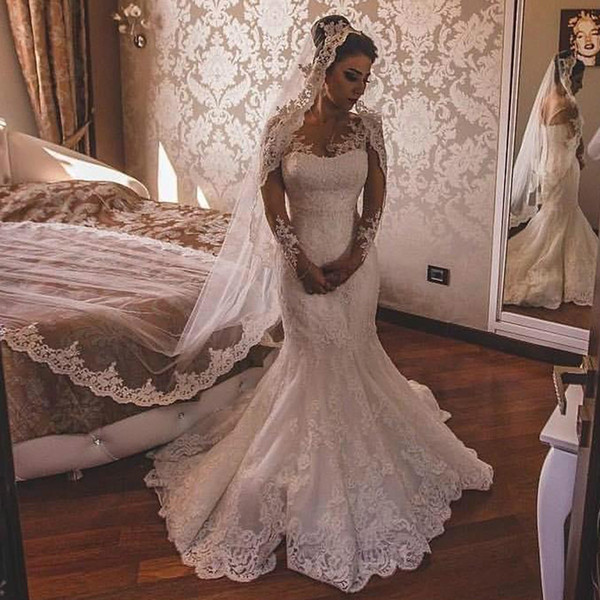 ZYLLGF Saudi Arabia Lace Mermaid Wedding Dresses Sheer Country Long Sleeve Plus Size Bridal Gown Long Bride Dress For Women Custom Made