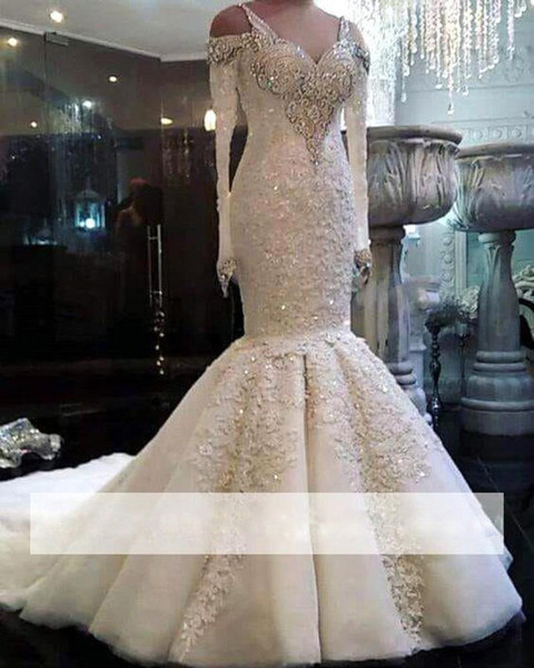 ZYLLGF Shining Beaded Mermaid Wedding Dresses Spring Summer Lace Long Sleeves Bridal Gowns Court Train Robe De Marriage Custom Made