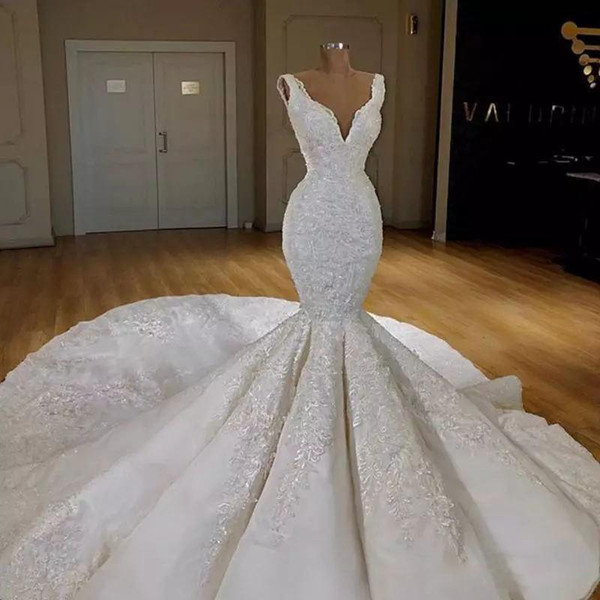 ZYLLGF Mermaid Wedding Dresses Sexy Deep V Neck Lace Appliques Bride Dress Sleeveless Chapel Train Custom Made Bridal Gowns