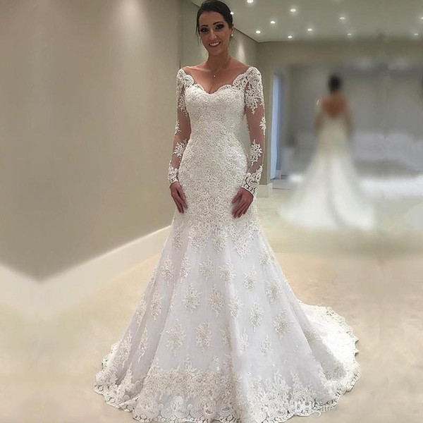 ZYLLGF Vestidos De Novia Lace Wedding Dresses Sexy V Neck Mermaid Long Sleeves Vintage Bridal Gowns With Apliques Open Back