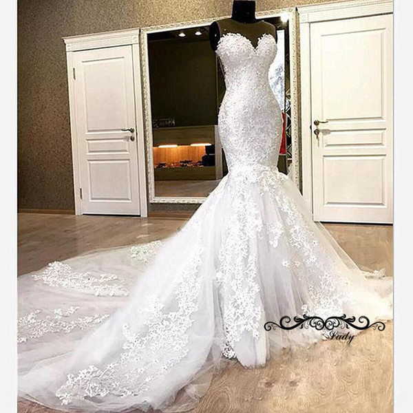 ZYLLGF Mermaid Lace Wedding Dresses Appliques Beaded Long Court Train Sheer Neck Bridal Dress For Women Vestido De Noiva