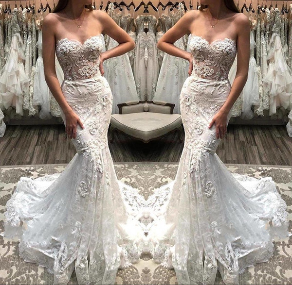 Elegant Sweetheart Neck Mermaid Wedding Dresses Lace Appliques Sweep Train Bohemia Tulle Bridal Gown BC1056