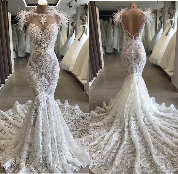 Gorgeous Designed Neck Mermaid Wedding Dresses Lace Appliques Pearls Beaded Bridal Gown robe de mariee