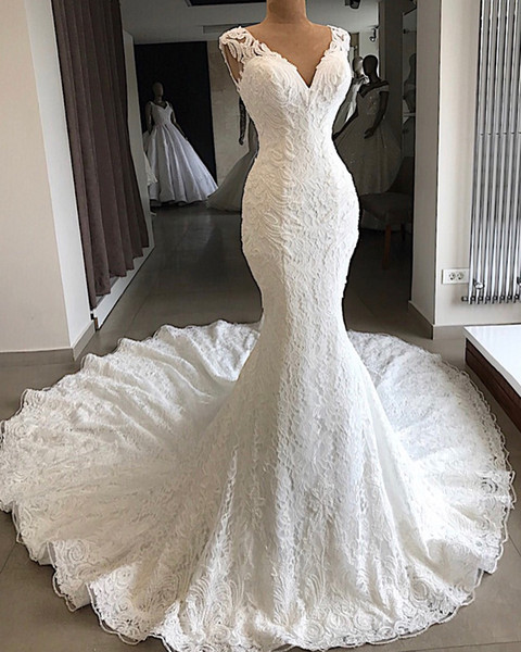 Vintage V Neck Mermaid Wedding Dresses Lace Appliques Sweep Train Bridal Gown robe de mariee