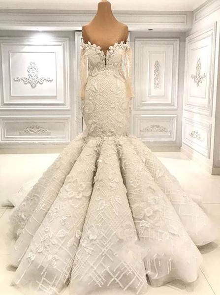 Modern Off Shoulder Sheer Long Sleeve Mermaid Wedding Dresses Lace Appliques Sweep Train Bridal Gown robe de mariee BC1495