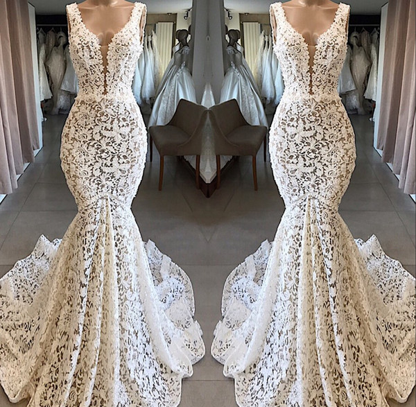 Gorgeous Deep V Neck Lace Mermaid Wedding Dresses Elegant Long Bridal Gown Sweep Train robe de mariee