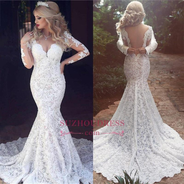 V Neck Lace Long Sleeve Mermaid Wedding Dresses Appliques Long Bridal Gown Backless robe de mariee BC1698