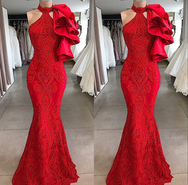 Elegant Halter Red Lace Mermaid Wedding Dresses with Ruffle Floor Length Bridal Gown robe de mariee