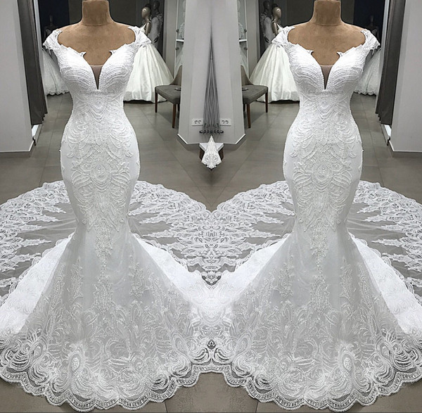 Elegant Deep V Neck Mermaid Wedding Dresses Lace Appliques Floor Length Bridal Gown robe de mariee