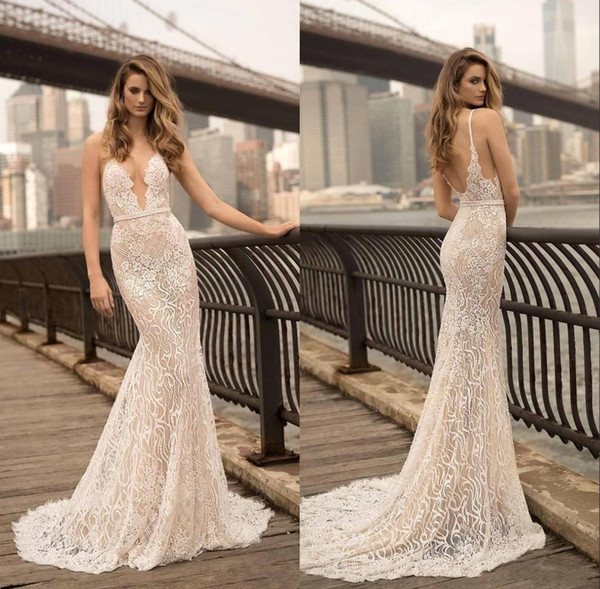 Bohemian Sexy Plunging V Neck Mermaid Wedding Dresses Lace Appliques Backless Floor Length Bridal Gown robe de mariee BC1705