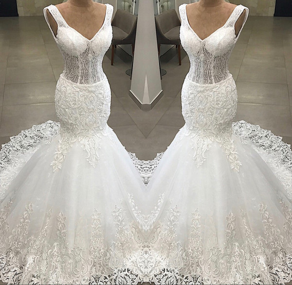 Modern Beads Mermaid Wedding Dresses Lace Appliques Sweep Train Bridal Gown Elegant robe de mariee