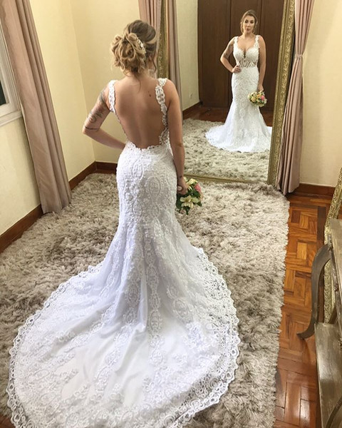 Sexy V Neck Backless Mermaid Wedding Dresses Lace Appliques Sweep Train Bridal Gown robe de mariee