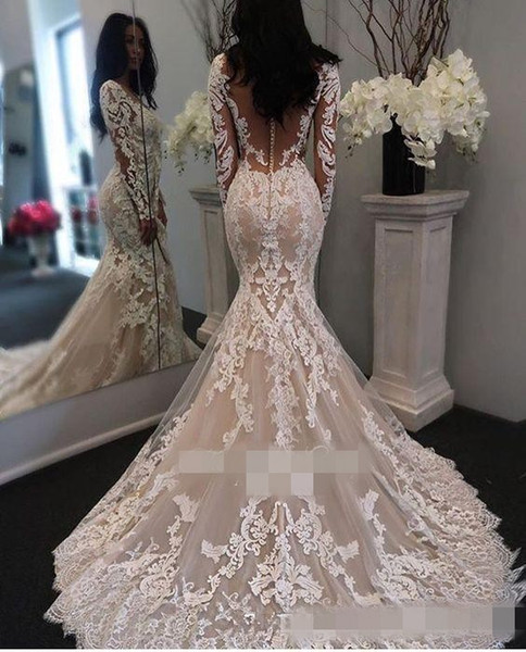 Modern Long Sleeve Mermaid Wedding Dresses Lace Appliques Illusion Back Sweep Train Bridal Gown robe de mariee