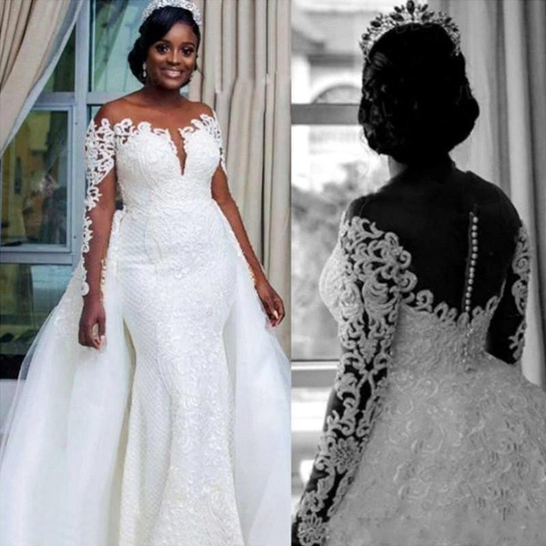 Sheer Jewel Neck Mermaid Wedding Dresses with Detachable Train Lace Appliques Long Sleeve African Bridal Gown robe de mariee BC1678