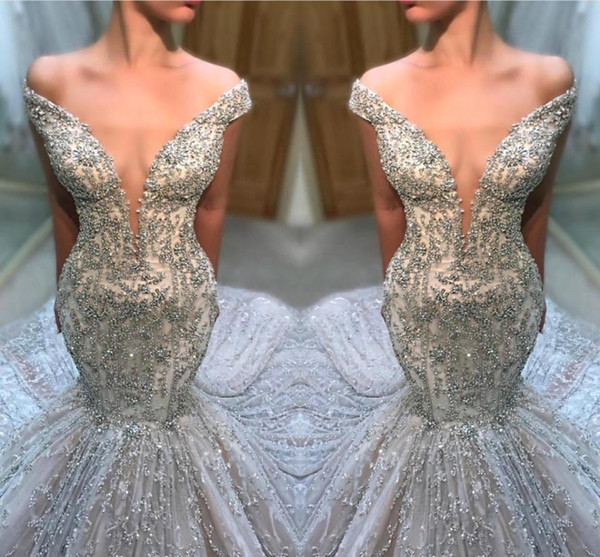 Gorgeous Off Shoulder Major Beaded Mermaid Wedding Dresses Deep V Neck Sequins Beads Bridal Gown robe de mariee BC1478