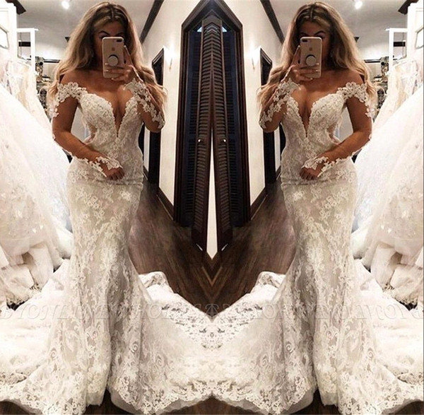 Sexy Deep V Neck Mermaid Wedding Dresses Off Shoulder Sheer Long Sleeve Lace Appliques Bridal Gown robe de mariee BC1758