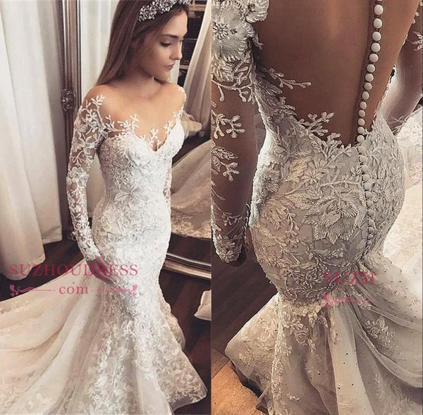 Gorgeous Sheer Neck Long Sleeve Mermaid Wedding Dresses Lace Appliques Covered Button Back Bridal Gown robe de mariee BC1509