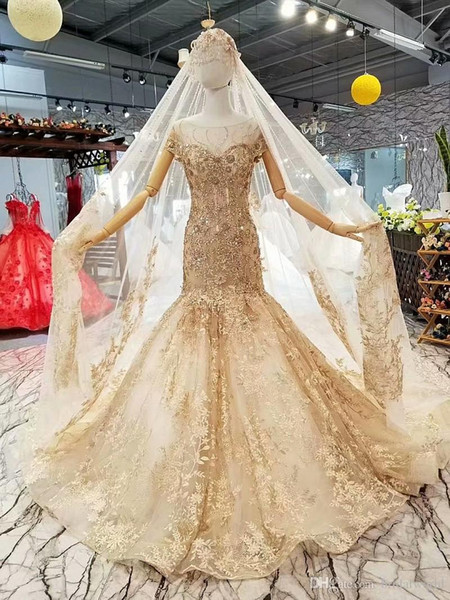 2019 100% Real Images Gold Wedding Dresses Mermaid Lace Appliques Beaded Crystal Scoop Neck Short Sleeves Customize Size Bridal Gowns