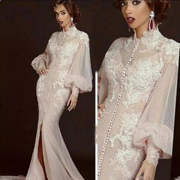 Arabic Moroccan Wedding Dresses Mermaid Party Elegant for Women Celebrity Long Sleeves Dubai Caftans High Neck Split Formal Gown