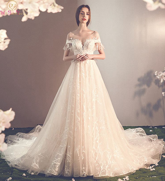 Champagne Wedding Dress Newest A-line Lace Appliques Bow Lace-up Back Short Sleeves O-neck Court Train Luxury Bridal Gown