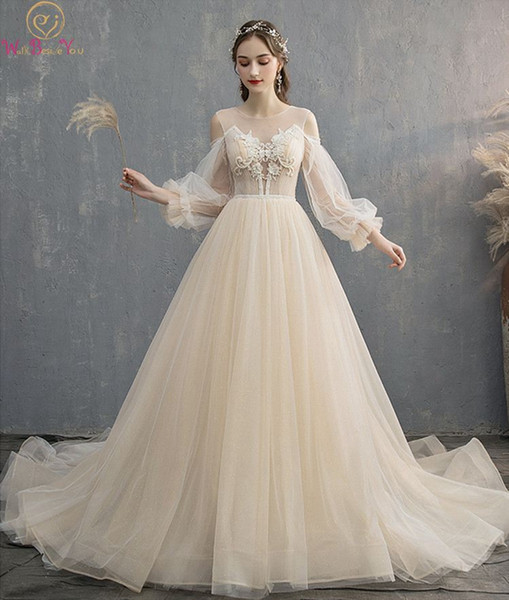 Puff Sleeves Wedding Dress 3/4 Long A-line Illusion Tulle Appliques Beading Sequined O-neck Sweep Train Vestido Bridal Gown