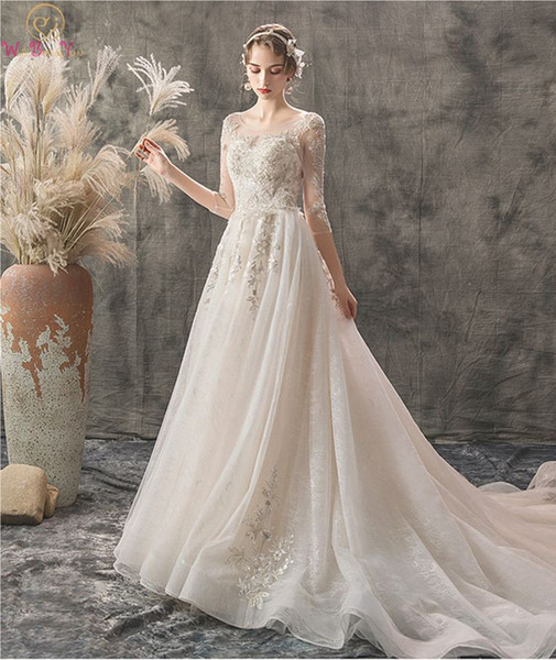 Appliques Wedding Dresses New Style 3/4 Length Sleeves O-neck Court Train Lace A-line Elegant Beading Sequined Bridal Dress