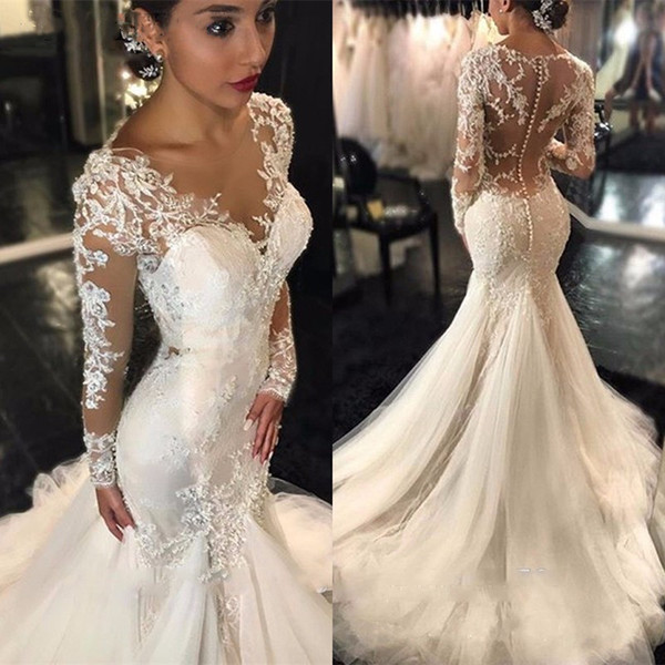 Elegant Vintage Lace Wedding Dress Long Sleeves Ruched Mermaid Bridal Gowns Saudi Arabia Appliques Sequin Sexy Bride Dresses Hot Sale