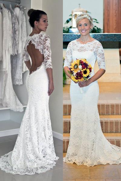 LACE MERMAID WEDDING DRESSES SEXY BACKLESS KEYHOLE BACK THREE QUARTER SLEEVES SIMPLE GARGEN BRIDAL GOWNS SWEEP TRAIN 