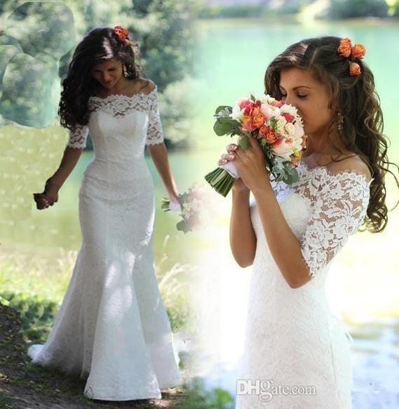 2017 Newest Fashion White Ivory Full Lace Wedding Dresses Mermaid Bateau Half Sleeve Sweep Train Country Bridal Gowns for Bridal Plus Size