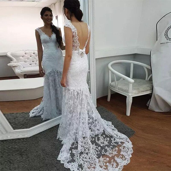 Hot Sexy Lace Mermaid Wedding Dresses Backless Wedding Gowns With Bow Sash V Neck Garden Beach Bridal Gowns Plus Size Sweep Train