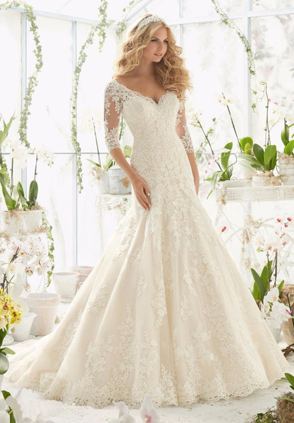 Vestidos De Novia 2017 Latest Designs Wedding Gowns V Neckline Three Quarter Sleeve Lace Mermaid Wedding Dress Bride Dresses