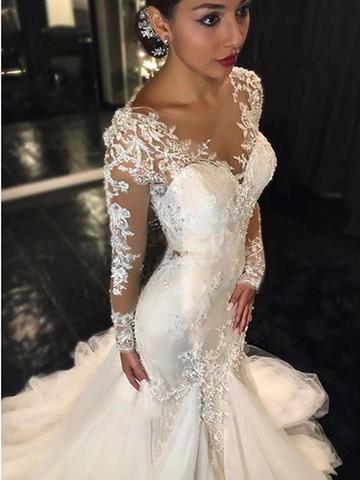 Long Sleeve Mermaid Wedding Dresses 2017 Illusion Vestido De Noiva De Renda O-Neck Sheer Alibaba China Bridal Gowns Handmade