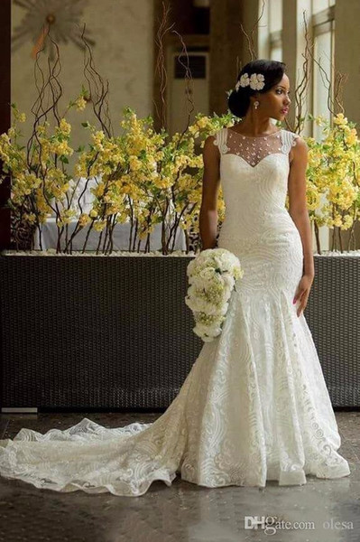 Linyixun Luxury African Mermaid Lace Wedding Dresses 2017 Amazing Back Covered Buttons Wedding Bridal Gowns Chapel Train