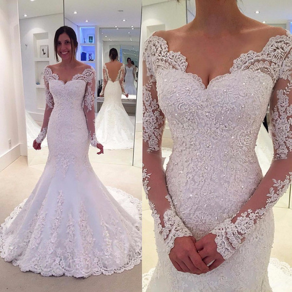 Vestido De Noiva Women's Rustic Mermaid Long Sleeve Wedding Dresses 2017 Vintage Sexy Lace Backless Wedding Dresses Turkey