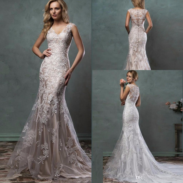 2017 Lace Wedding Dresses Mermaid Trumpet Amelia Sposa Bridal Gowns With Scoop Sheer Tulle Back Covered Button Court Train