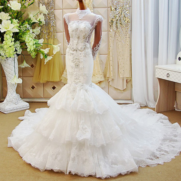 2022Bohemian Luxury Mermaid Wedding Dresses Long Tulle Sleeve Illusion Neckline Open Keyhole Back Overskirts Cascading Ruffles Bridal Gowns