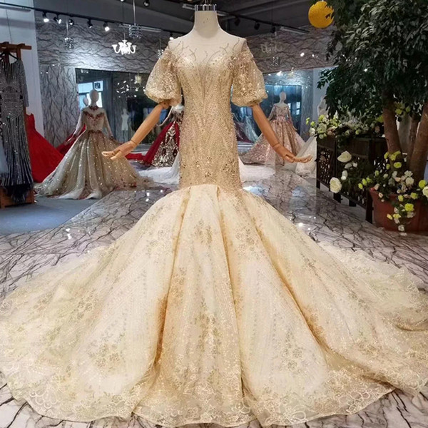 Mermaid Wedding Dresses Champagne O-Neck Lantern Sleeves Open Back Trumpet Bride Gowns Golden Lace Luxury Beaded 2022New Wedding Dress