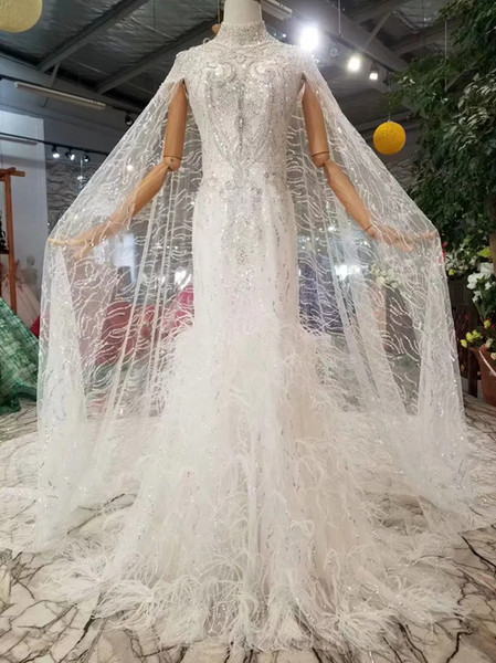 Luxury Mermaid Wedding Dress With Long Beaded Tulle Shawl Sleeve High Neck Bride Dresses Wedding Gown Brush Train New Fashion Croatia