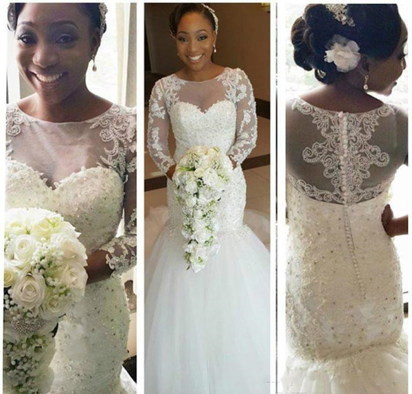 Stunning Sheer Neck Lace Bridal Dresses South African Long Sleeve Mermaid Lace Wedding Dresses Beaded Sequins Plus Size Available Customize