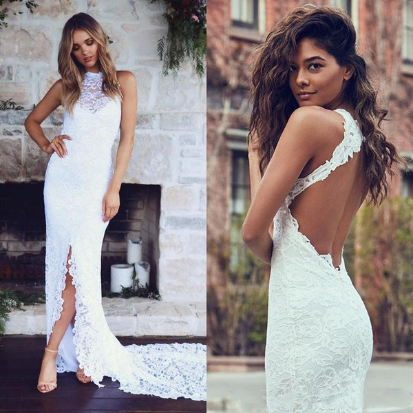 Charming Garden Beach Bohemian Lace Wedding Gowns Full Lace Wedding Dress Sexy Backless Fitted Elegant Bridal Gowns Side Split Bridal Dress