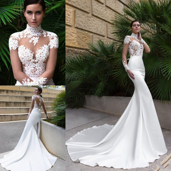 High Neck Crystal Design Sexy Mermaid Wedding Dresses See Through Back Long Sleeve Fitted Cheap Bridal Gowns with Sweep Train mm44