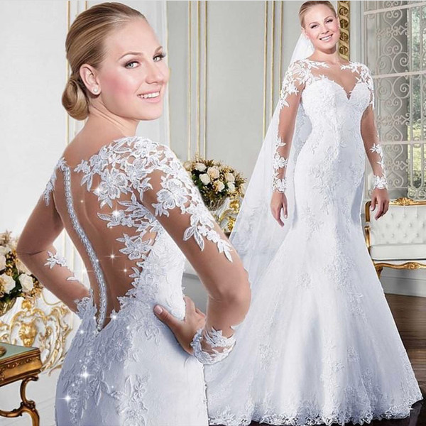 Long Sleeve Lace Applique Wedding Dresses Mermaid Elegant Cheap Bridal Dresses Vestido De Novia