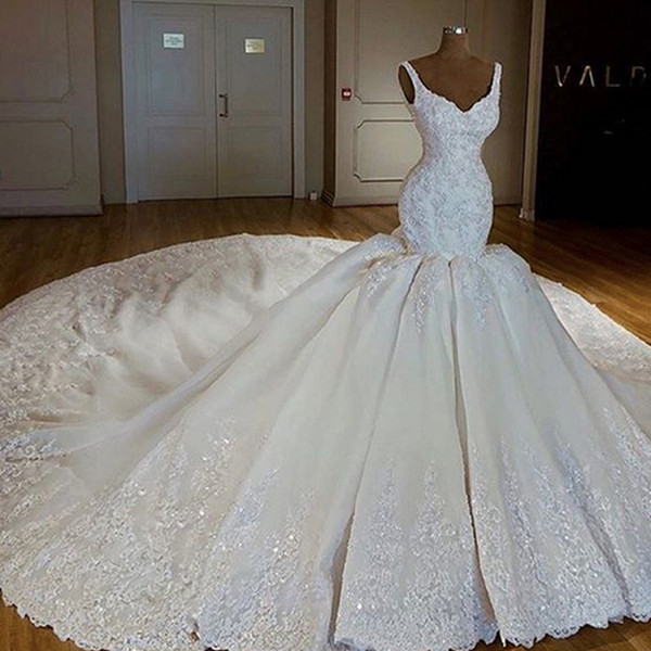 Mermaid Wedding Dresses Sweetheart Neckline Lace Appliques Beading Sequins Chapel Train Puffy Bridal Dresses Gowns